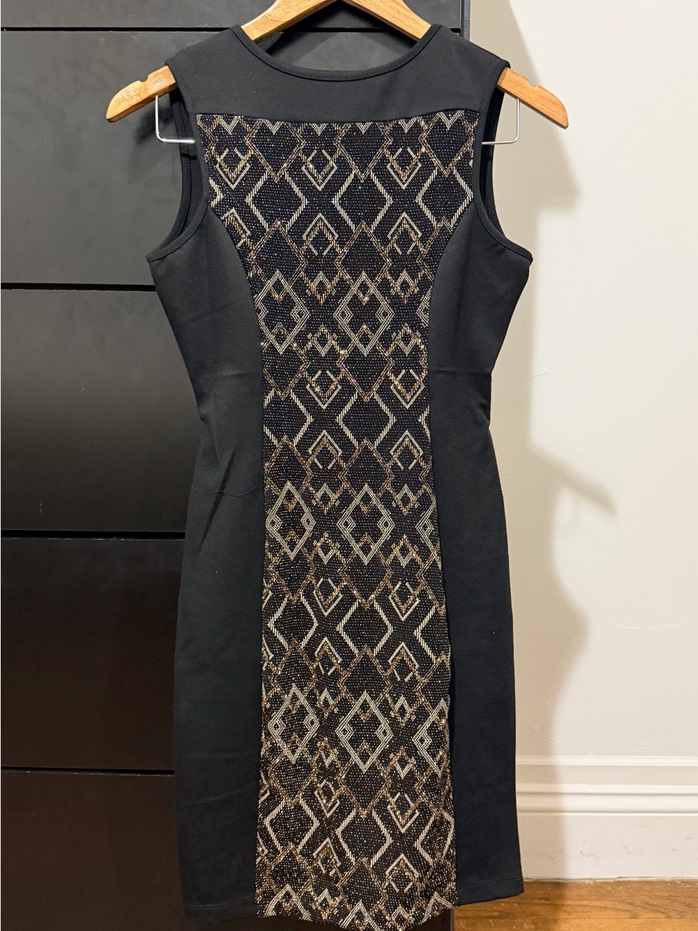 Black Midi Sheath Dress with Metallic Geometric Panel